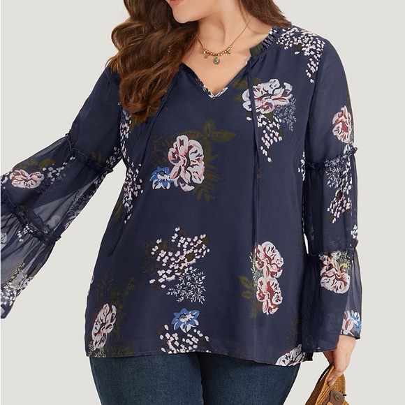 BloomChic Tops - BloomChic Blue Floral Bell Sleeve Sheer Overlay Blouse Plus Size 5X 28